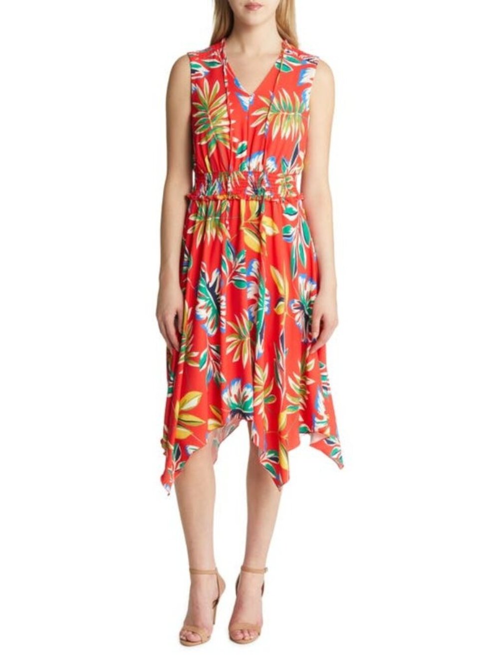 Sam Edelman NWT Jungle Palm Hanky Hem Dress Red Multi Size 0 Sleeveless Smocked